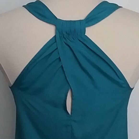 Allen B Tank Top Sleeveless Blouse Silky Twisted Keyhole Racer Back Teal - Picture 3 of 9